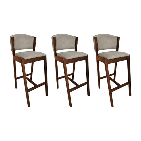 Kit 3 Banquetas Alta de Madeira Maciça Mel Premium Ana com Encosto Linho Bege