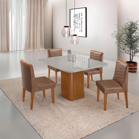 Mesa de Jantar Eloise Canto Copo 4 Cadeiras Moderna Mobília Tork/off White/naturale