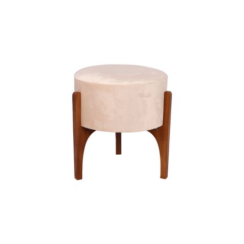 Puff Garra Redondo em Madeira e Tecido Creme 46cm Paris Luz