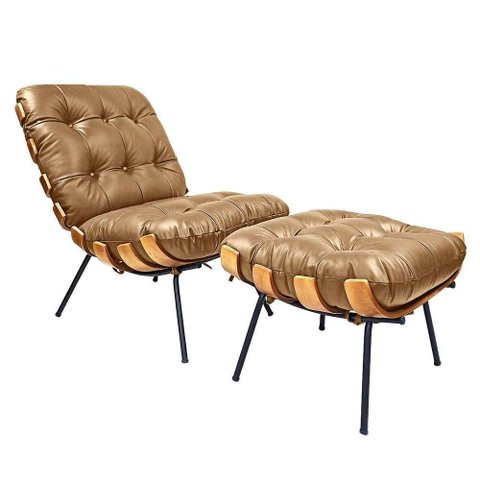 Poltrona Costela com Puff em Couro Legítimo - Élpis Móveis Crystal Brown Encerado