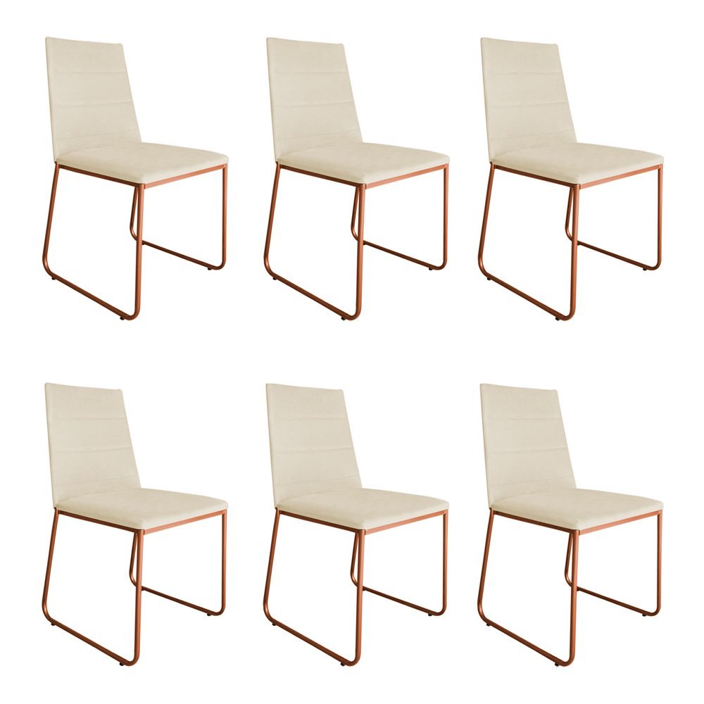 Kit 6 Cadeiras de Jantar Estofada Lille Base Bronze Veludo Bege - Montanaris Decor