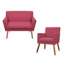 Ver imagem 1 de Kit Namoradeira + 1 Poltrona Decorativa Cecília Suede Rosa Pés Madeira Ms Decor