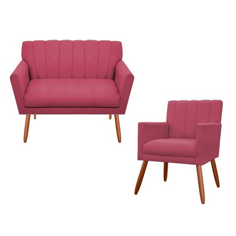 Kit Namoradeira + 1 Poltrona Decorativa Cecília Suede Rosa Pés Madeira Ms Decor