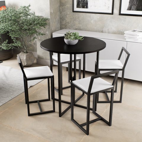 Conjunto Mesa Redonda Preta 4 Cadeiras Pequena Estofado Industrial Black