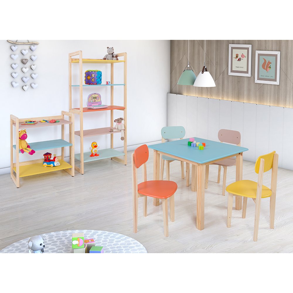 Conjunto Colorê Estante 75cm + Estante 150cm + Mesa Infantil com 4 Cadeiras - Colorido