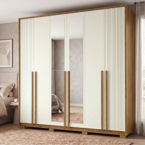 Guarda-Roupa Casal 6 Portas, 4 Gavetas, Pés e Espelho MDF Atlanta Cinamomo/Off White