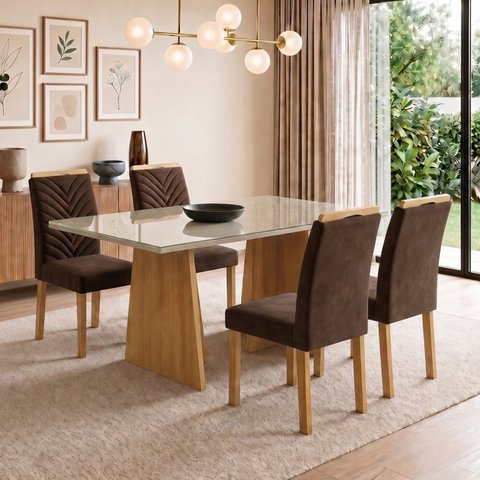 Conjunto Sala de Jantar 4 Lugares Retangular Tampo Vidro MDF 120x80cm Mesa Lyra e Cadeiras Carol