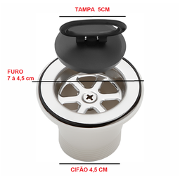 Válvula de Tanque Pia Ralo em Inox Com tampa 3 Polegadas - 1