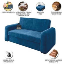 Sofá Cama Versátil 2 Lugares Veludo Selmer Azul - 3