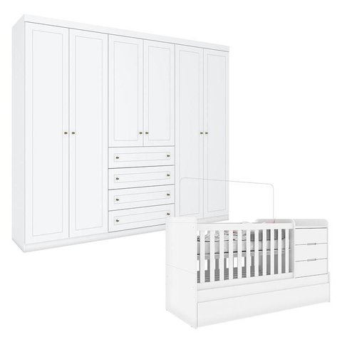 Berço Multifuncional Cleo e Guarda Roupa 6 Portas Americano Branco Fosco - Henn
