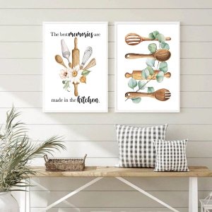 Kit 2 Quadros As Melhores Memórias São Criadas na Cozinha 24x18cm - com Vidro:madeira Preta