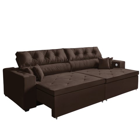 Sofá 5 Lugares Smart 3,02 Metros Marrom Retrátil, Reclinável Tecnologia Carregamento 3 portas USB