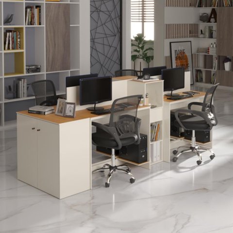 Estação de Trabalho 4 Lugares Office Smart 4 Mesas 2 Armários 1 Aparador - Off White e Cedro