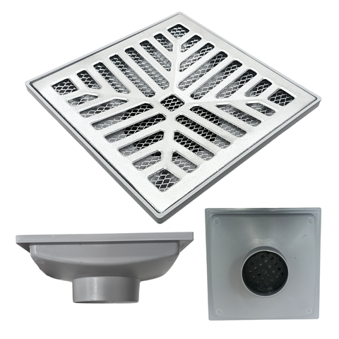 Ralo Pluvial 20x20 Alumínio Concova Coletor Cinza Saída Baixa para Tubo de 100mm e Dupla Tela contra