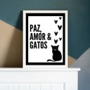 Ver imagem 2 de Quadro Decorativo Paz Amor E Gatos 45x34cm - com vidro:Madeira preta