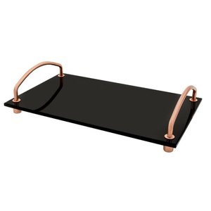 Bandeja Organizadora de Bancada Vidro Preto Alça Cobre 25x15 Aparador Bar Bebidas Casa Cozinha Hall