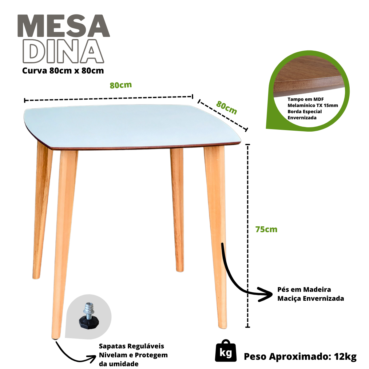 Mesa de Jantar Quadricurva 80x80cm 2 a 4 Lugares em Madeira - Dina - Branca - 2