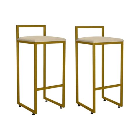 Kit 02 Banqueta Alta Industrial 0,83 cm Metal Dourada Suede Bege - Vallisa Decor