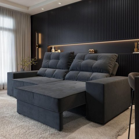 Sofá com Chaise Larissa 4 Lugares Retrátil e Reclinável 232cm Grafite Suede