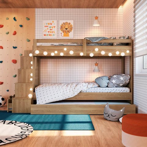Triliche Infantil pra Quarto com Escadas e Estante 231,8 Cm Cor:aveiro Oak com Branco