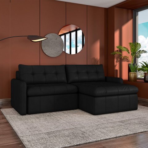 Sofá Retrátil Bipartido Sala de Estar Belém 184cm Couro Preto G52 - Gran Belo
