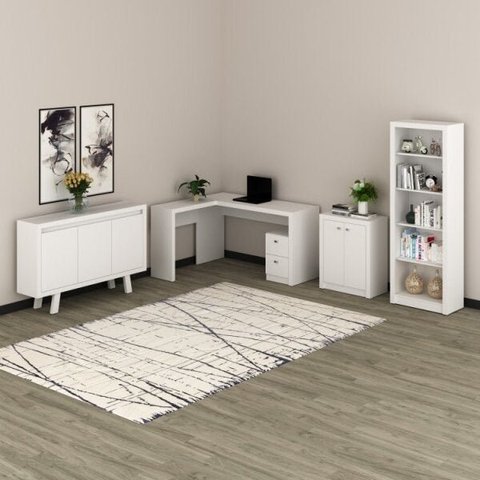 Conjunto 4 Peças com Escrivaninha em L, Estante 4 Prateleiras, Armário Baixo e Balcão para Escritório Branco