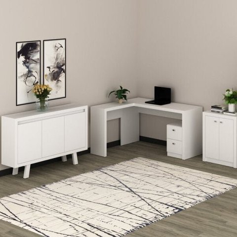 Conjunto 3 Peças 1 Escrivaninha em L 1 Balcão 2 Portas e 1 3 Branco