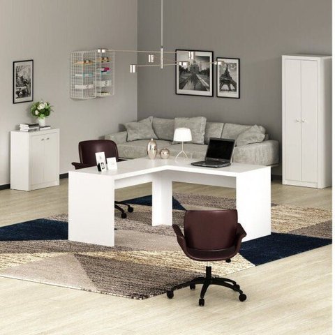 Conjunto 3 Peças com Mesa para Escritório em L, Armário Multiuso Alto e Baixo Branco