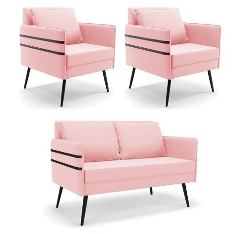 Kit 01 Namoradeira e 02 Poltronas Suede Rosa Bebê