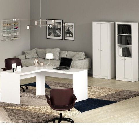 Conjunto 3 Peças com Mesa para Escritório em L, Armário Multiuso e Estante Branco