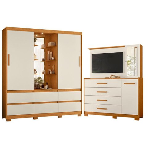 Guarda Roupa Solteiro Atena 02 Portas de Correr com Espelho e Cômoda Ilhabela Cinamomo Off White - m