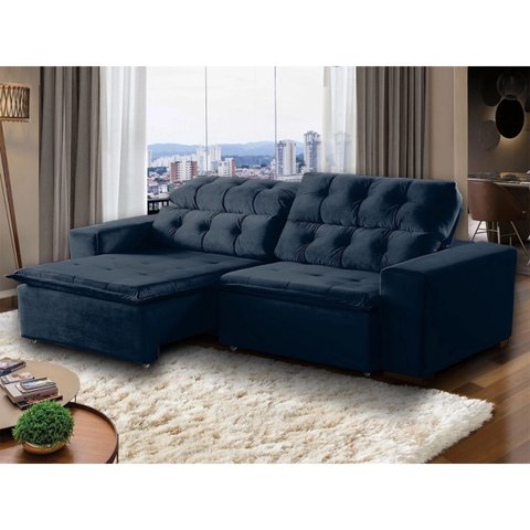 Sofá Retrátil Reclinável 5 Lugares 270cm com Pillow Veludo Azul Alasca Megasul