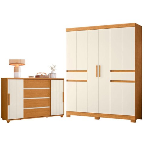 Guarda Roupa Casal Olimpia 10 Portas e Cômoda Evidenza Cinamomo Off White Flex - Móveis Albatroz