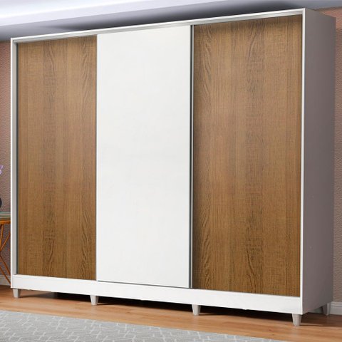 Guarda Roupa Infantil 100% Mdf Madesa Logan 3 Portas de Correr com Pés - Branco/rustic/branco