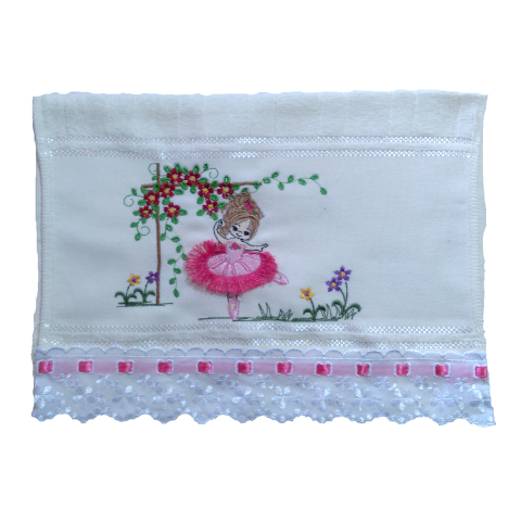 Toalha Bordada De Mão Lavabo Bailarina no Jardim Saia com Franja Fringer Dohler Artesanalle Branco C