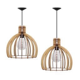 Kit Luminária Lustre Pendente Madeira E27 35x36cm com Lâmpada Retrô Cor:marfim - 4