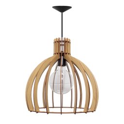 Kit Luminária Lustre Pendente Madeira E27 35x36cm com Lâmpada Retrô Cor:marfim - 1