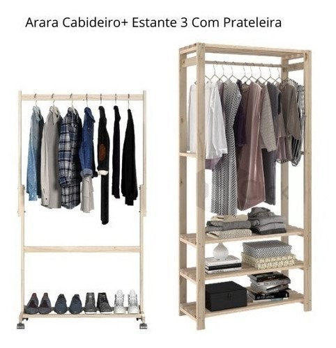 Kit Arara De Chão Expositor De Roupa Madeira Pinus Nico Decore Arara Cabideiro + Arara Com Prateleir - 4