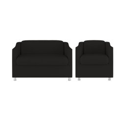 Kit Sofá Namoradeira + Poltrona Tilla Recepção Sala Tecido Suede Cor:Preto - 1
