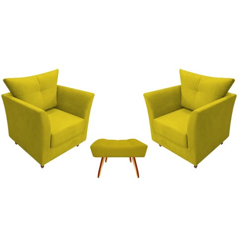 Kit 2 Poltronas Decorativa Isis + Puff Retangular Couro Amarelo Pés Madeira Mz Decor