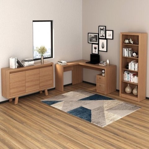Conjunto 3 Peças com Escrivaninha em L, Estante Livreiro e Balcão para Escritório 3 Portas Marrom