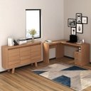 Ver imagem 1 de Conjunto 2 Peças com Mesa para Escritório em L e Armário Multiuso Baixo 3 Portas Marrom
