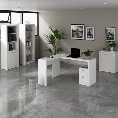Conjunto 4 Peças com 1 Mesa para Escritório em L, 2 Estantes e 1 Armário Baixo Branco
