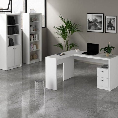Conjunto 3 Peças com 1 Mesa para Escritório em L, Estante Livreiro e 2 Portas Branco