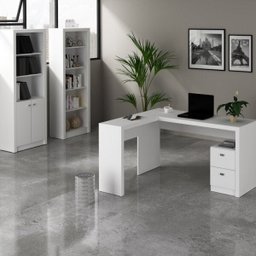 Kit 3 Peças com 1 Mesa para Escritório em L, Estante Livreiro e Estante 2 Portas - 1