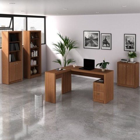 Conjunto 4 Peças com 1 Mesa para Escritório em L, 2 Estantes e 1 Armário Baixo Marrom
