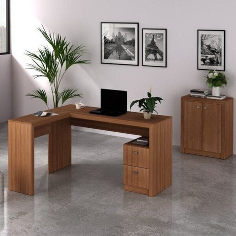 Conjunto 2 Peças com Mesa para Escritório em L e Armário Multiuso Baixo Marrom/Amendoa