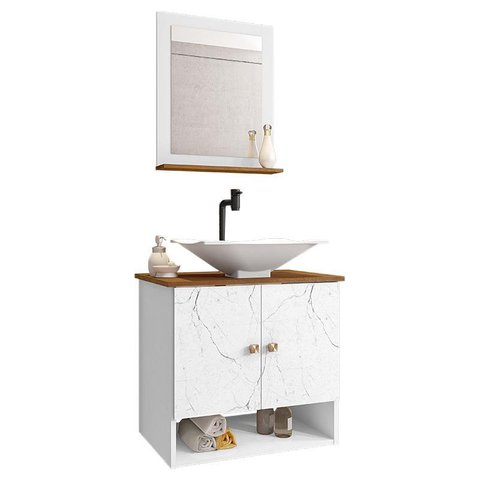 Conjunto de Banheiro com Gabinete 2 Portas, Cuba com Valvula, Torneira e 1 Espelheira Deli