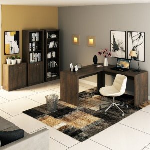 Kit 4 peças com 1 Escrivaninha em L, 2 Estantes e 1 Balcão Espresso Móveis