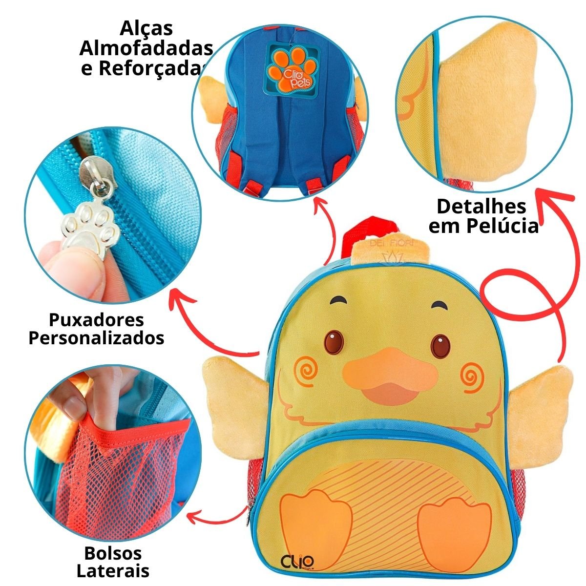 Mochila Infantil Escolar Clio Pet's com Alça Animais Cachorro Gato Pato Pinguim Tubarão Unicórnio Mo - 2